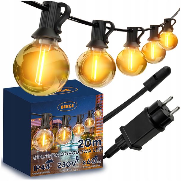 Girlanda Ogrodowa Łańcuch Świetlny LED 20m 60x Żarówek Zewnętrzna G40 230V