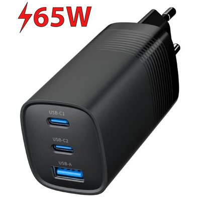 Ładowarka PowerDelivery 1xA 2xC GaN 65W Czarna