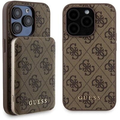 Guess Zestaw do iPhone 15 Pro Max + Powerbank 5000mAh MagSafe 4G Metal Logo Brązowy
