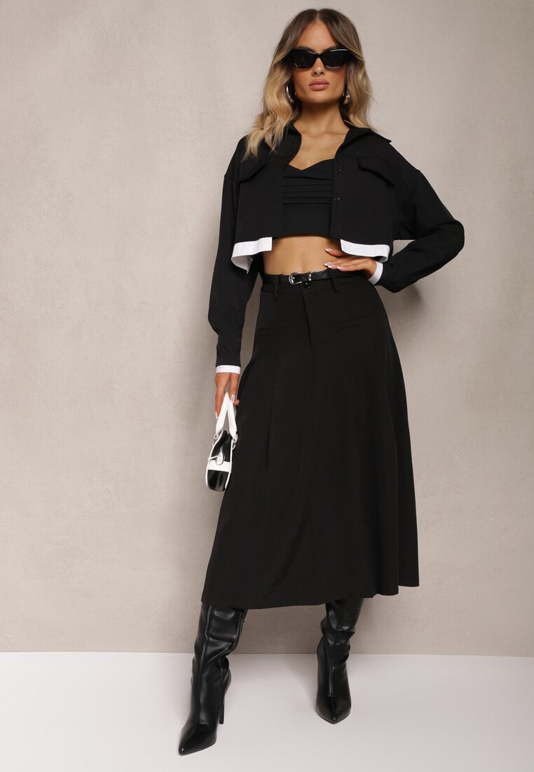 Czarna Spódnica o Rozkloszowanym Kroju High Waist z Paskiem i Imitacją Kieszeni Rivivia