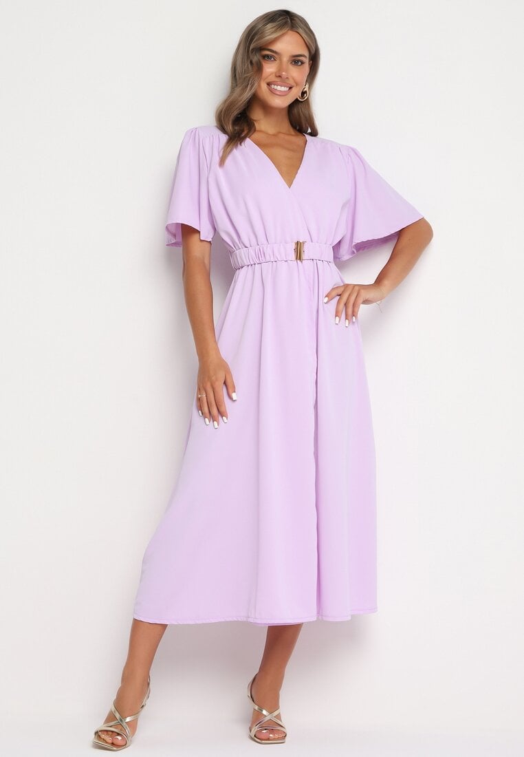 Jasnofioletowa Kopertowa Sukienka z Bawełną i Materiałowym Paskiem Ozdobionym Klamrą Besvia