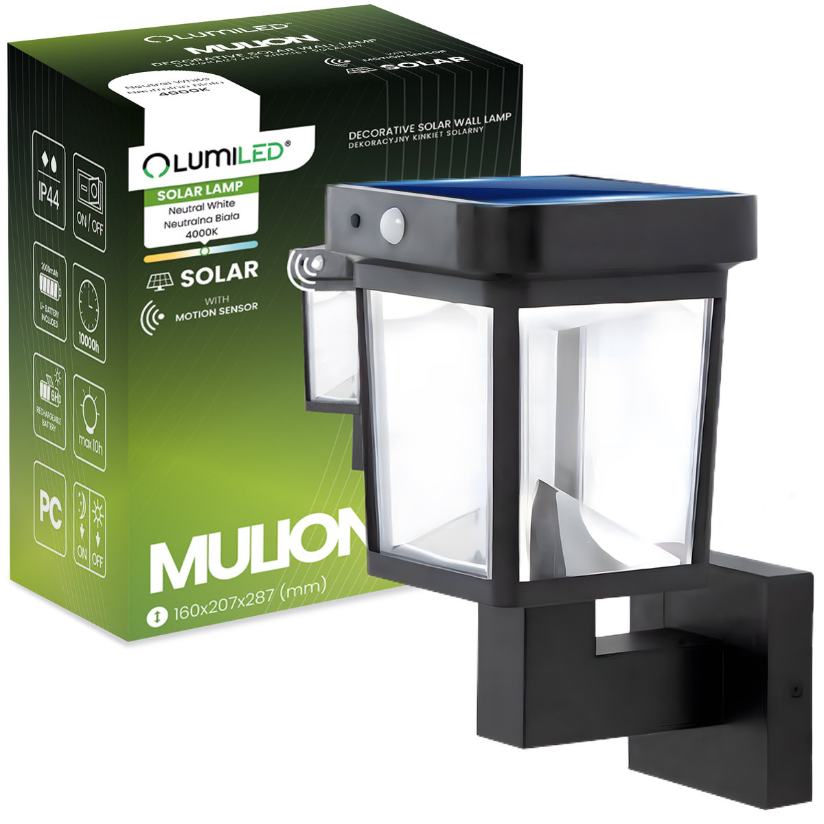 Kinkiet Solarny Lampa Elewacyjna LED 4000K IP44 Czujnik Ruchu i Zmierzchu MULION LUMILED