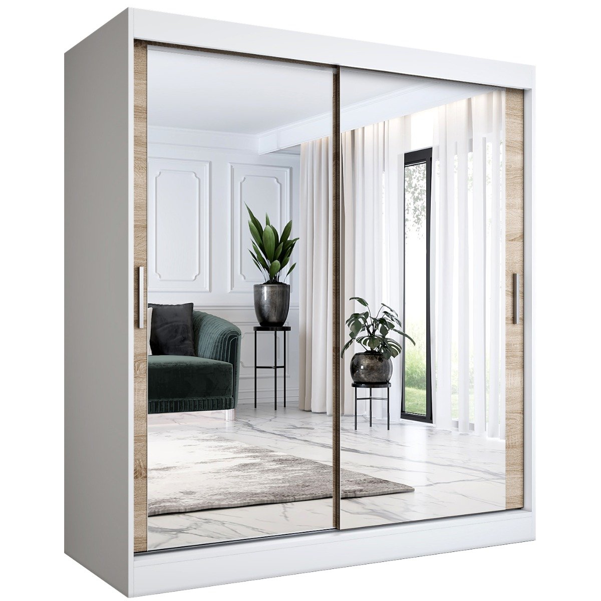 Szafa przesuwna MODUO COMFORT 180 biała mat/dąb sonoma z dwoma lustrami