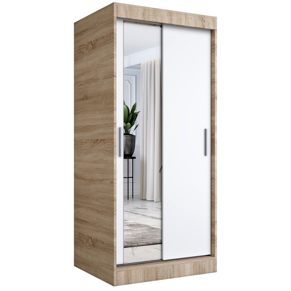 Szafa przesuwna MODUO COMFORT 90 dąb sonoma/biała mat z lustrem po lewej