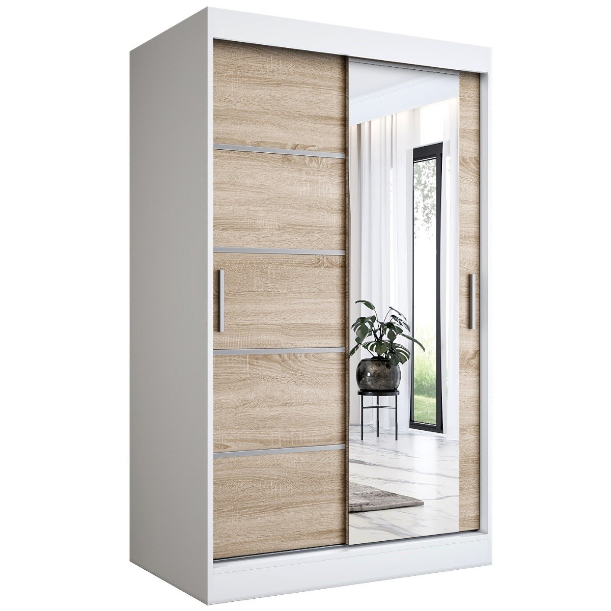 Szafa przesuwna MODUO COMFORT 2 120 biała mat/dąb sonoma z lustrem