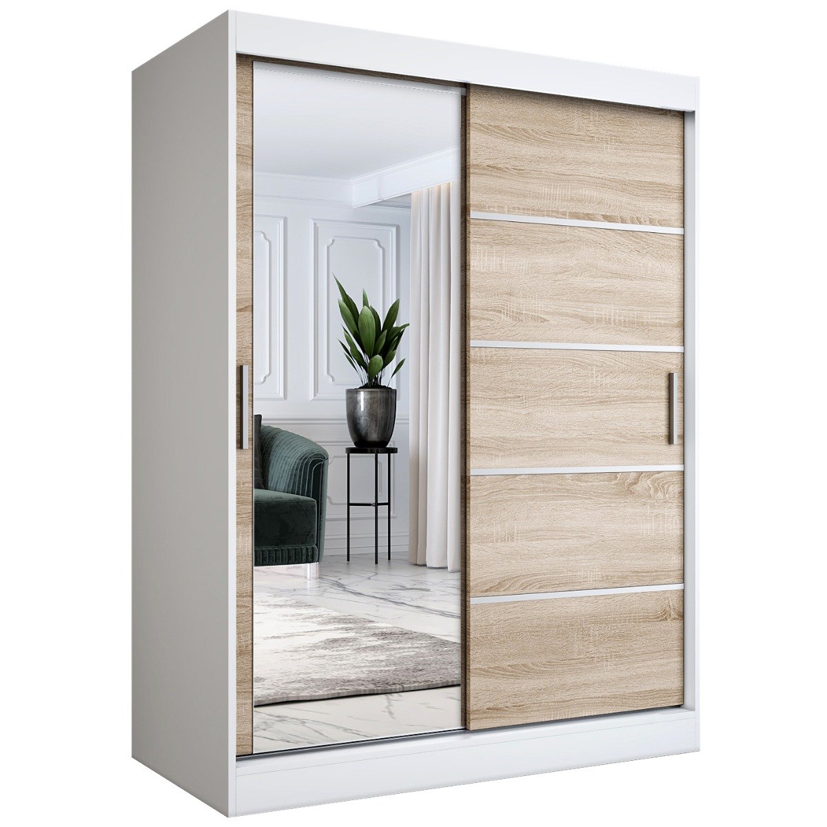 Szafa przesuwna MODUO COMFORT 3 150 biała mat/dąb sonoma z lustrem