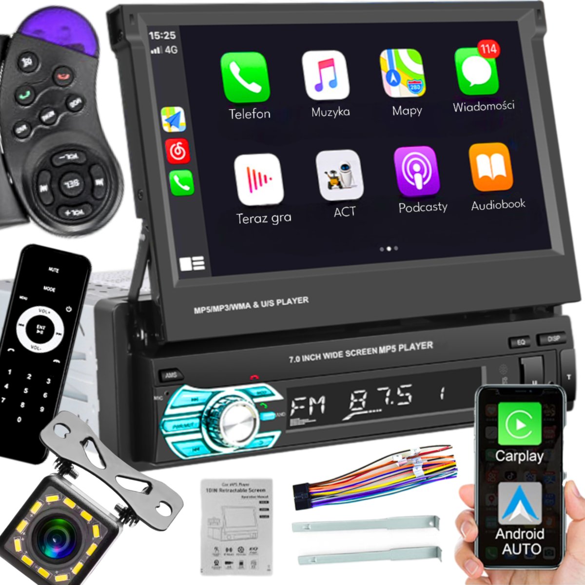 RADIO SAMOCHODOWE ODTWARZACZ 1DIN 7'' BT WYSUWANY EKRAN DOTYKOWY APPLE CARPLAY ANDROID AUTO MIRROR LINK KAMERA COFANIA