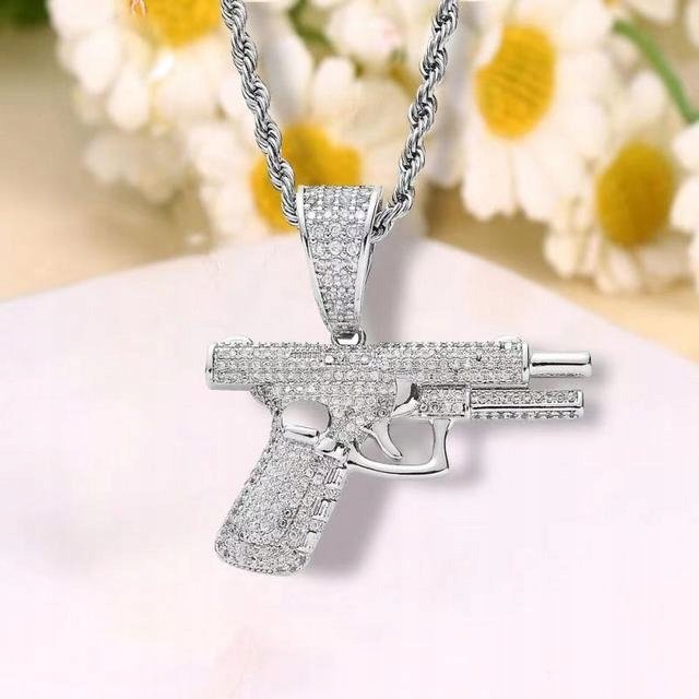 Naszyjnik wisiorek chain glock pistolet broń srebrna streetwear y2k prezent