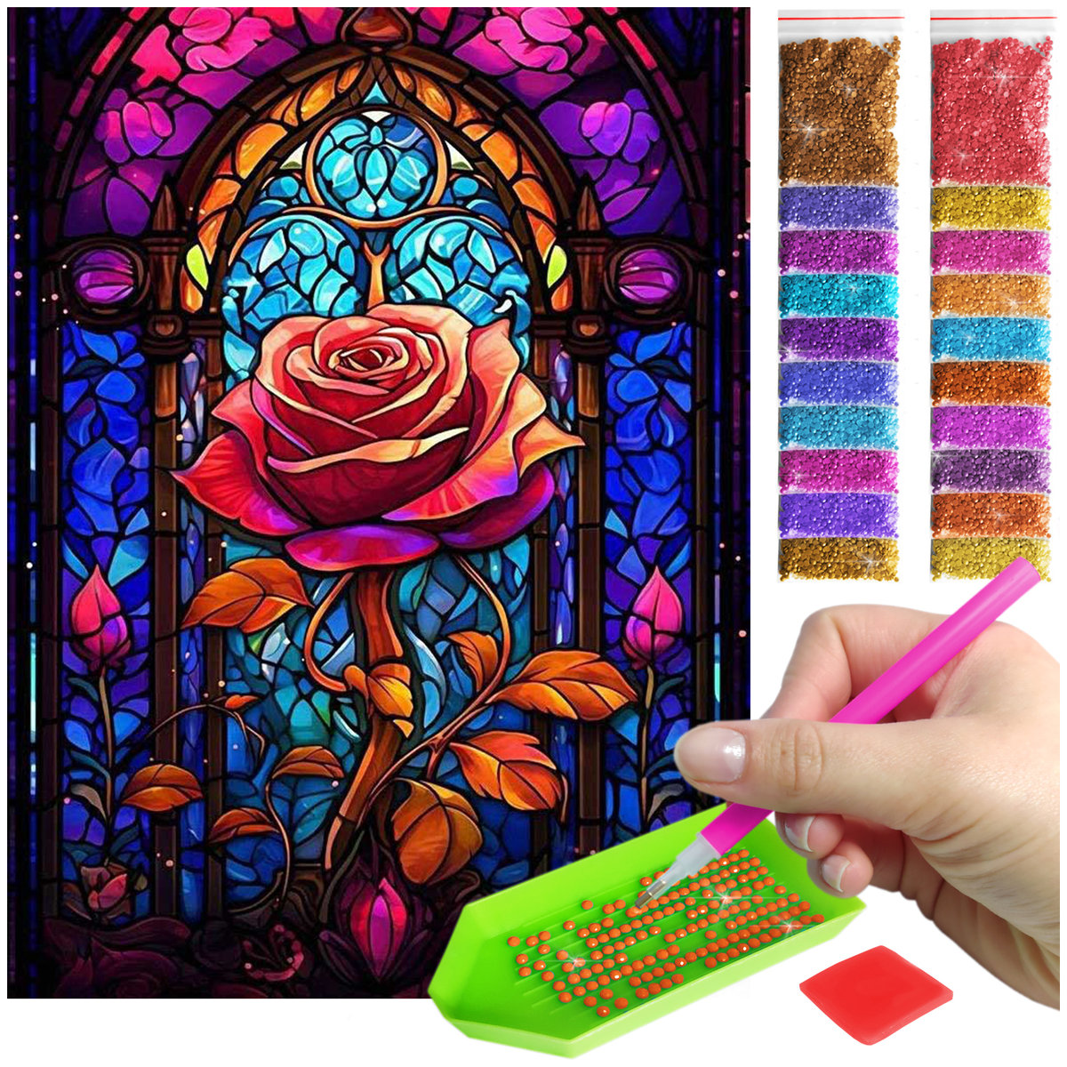 Haft Diamentowy 30x40 Diamond Painting mozaika Witraż z różą zestaw akcesoria
