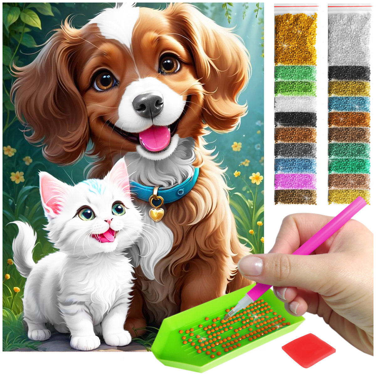 Haft Diamentowy 30x40 Diamond Painting mozaika Radosny piesek z kotkiem zestaw akcesoria