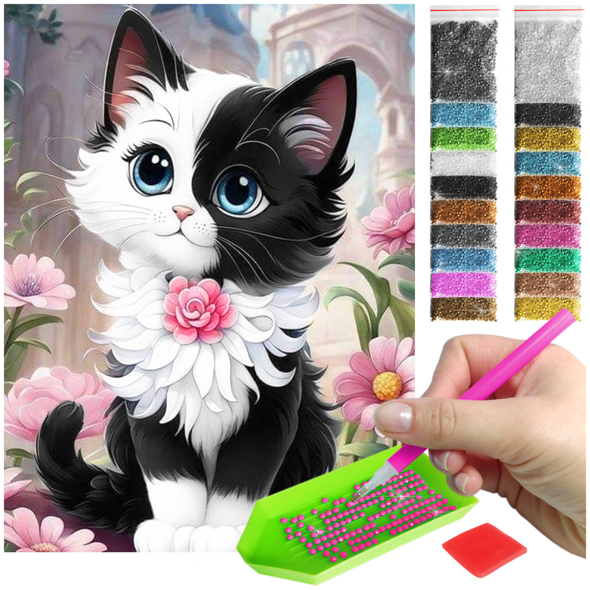 Haft Diamentowy 30x40 Diamond Painting mozaika Uroczy kotek wśród kwiatów  zestaw akcesoria
