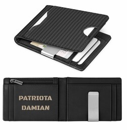 Smart portfel skórzany z grawerem w kolorze czarnym dla żołnierza policjanta pilota - Karbonowy