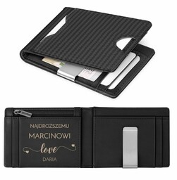Smart portfel skórzany z grawerem w kolorze czarnym dla chłopka męża na walentynki rocznicę - Karbonowy
