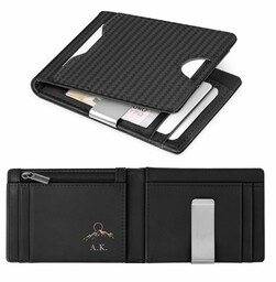 Smart portfel skórzany z grawerem w kolorze czarnym dla podróżnika miłośnika gór - Karbonowy