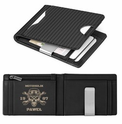 Smart portfel skórzany z grawerem w kolorze czarnym dla motocyklisty na urodziny- Karbonowy