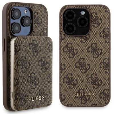 Guess Zestaw do iPhone 15 Pro + Powerbank 5000mAh MagSafe 4G Metal Logo Brązowy