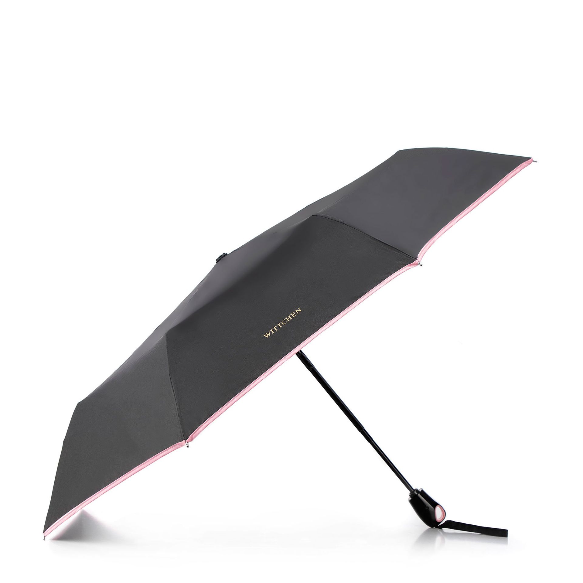 Parasol automatyczny z ozdobną lamówką czarno - różowy