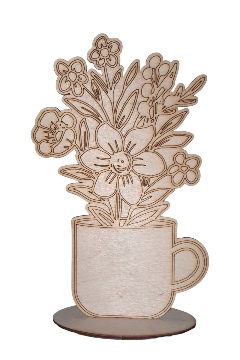 Ozdoba drewniana bukiet kwiatów na podstawce kubek 11,5x19,5 cm
