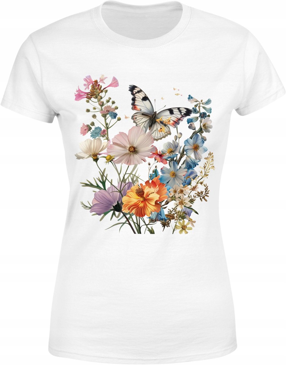 Koszulka damska kwiatowa piękna motyl w ogrodzie kwiatów T-shirt damski