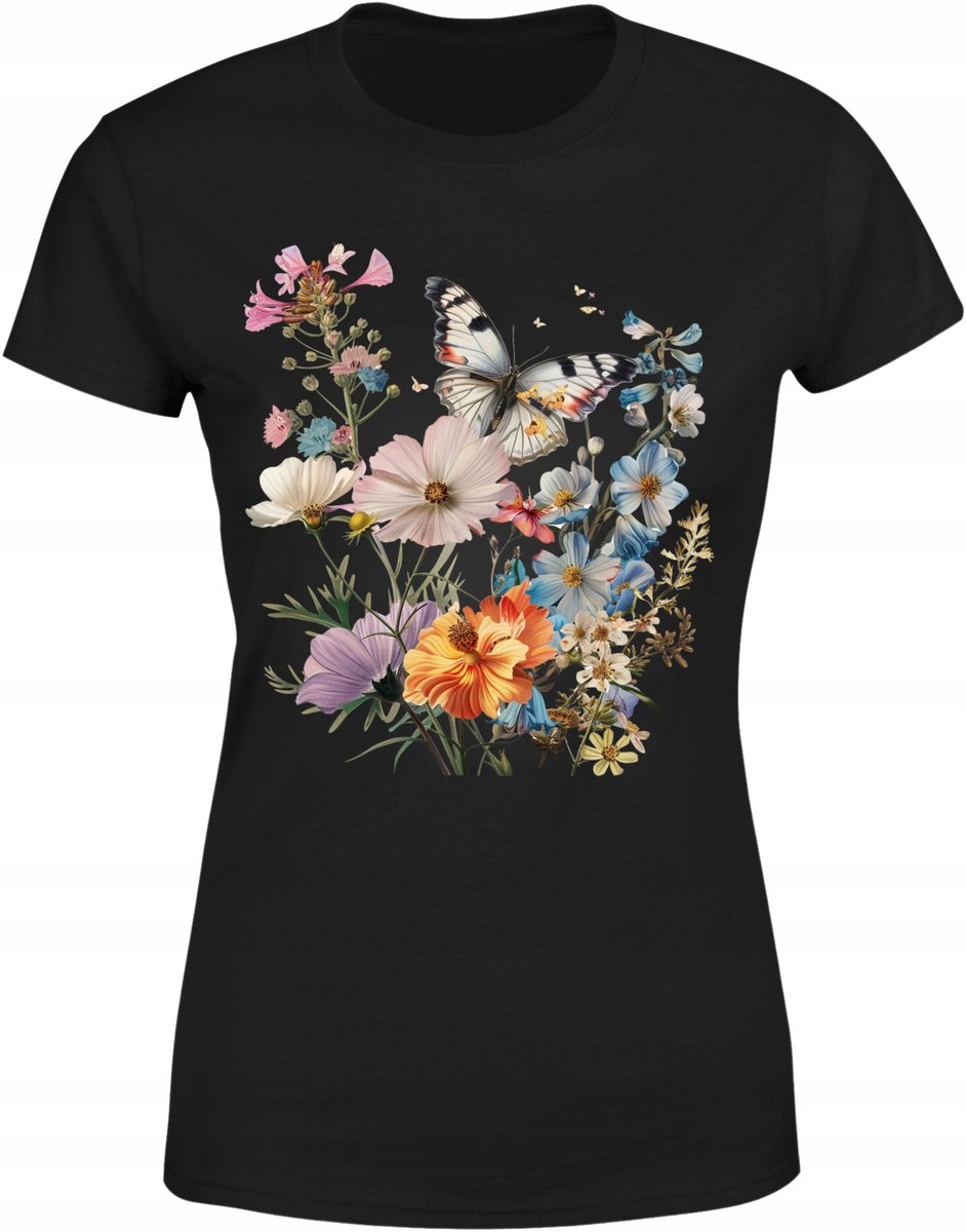 Koszulka damska kwiatowa piękna motyl w ogrodzie kwiatów T-shirt damski