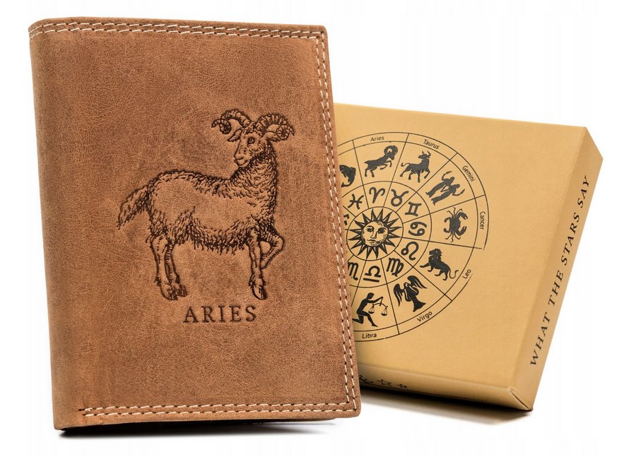 Skórzany portfel męski Always Wild znak zodiaku koziorożec portmonetka na karty i dokumenty, brązowy koniakowy