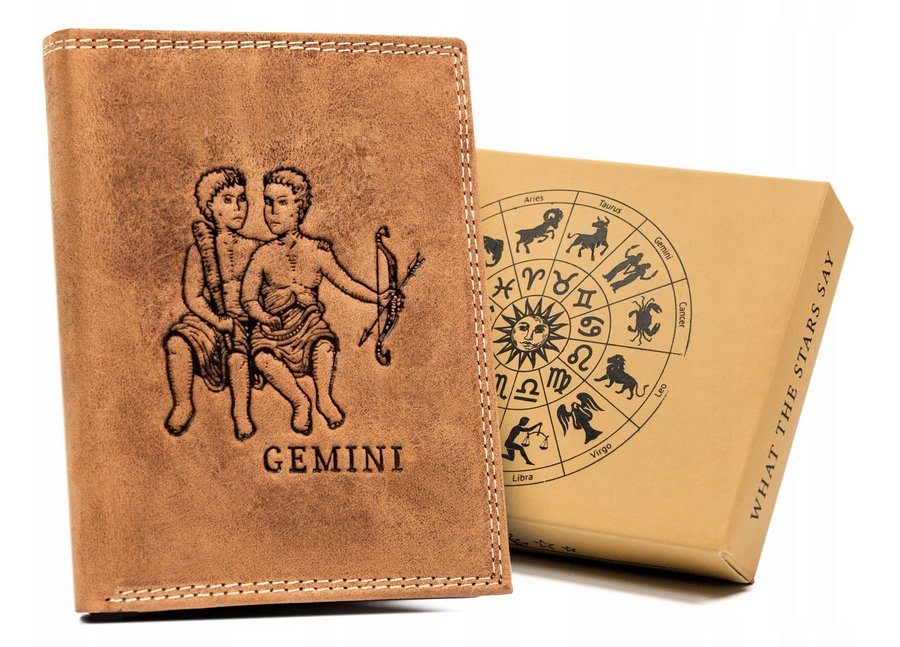 Skórzany portfel męski Always Wild znak zodiaku bliźnięta portmonetka na karty i dokumenty, brązowy koniakowy