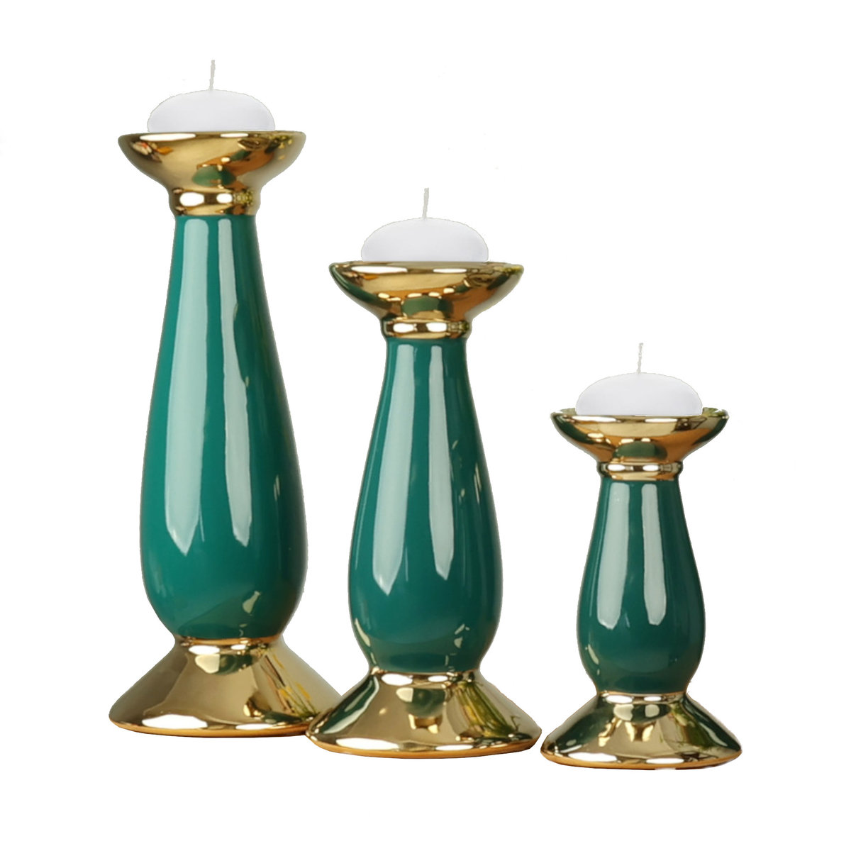 Komplet 3 Świecznik ceramiczny H 17,5 25 32 cm butelkowa zieleń złoto wesele