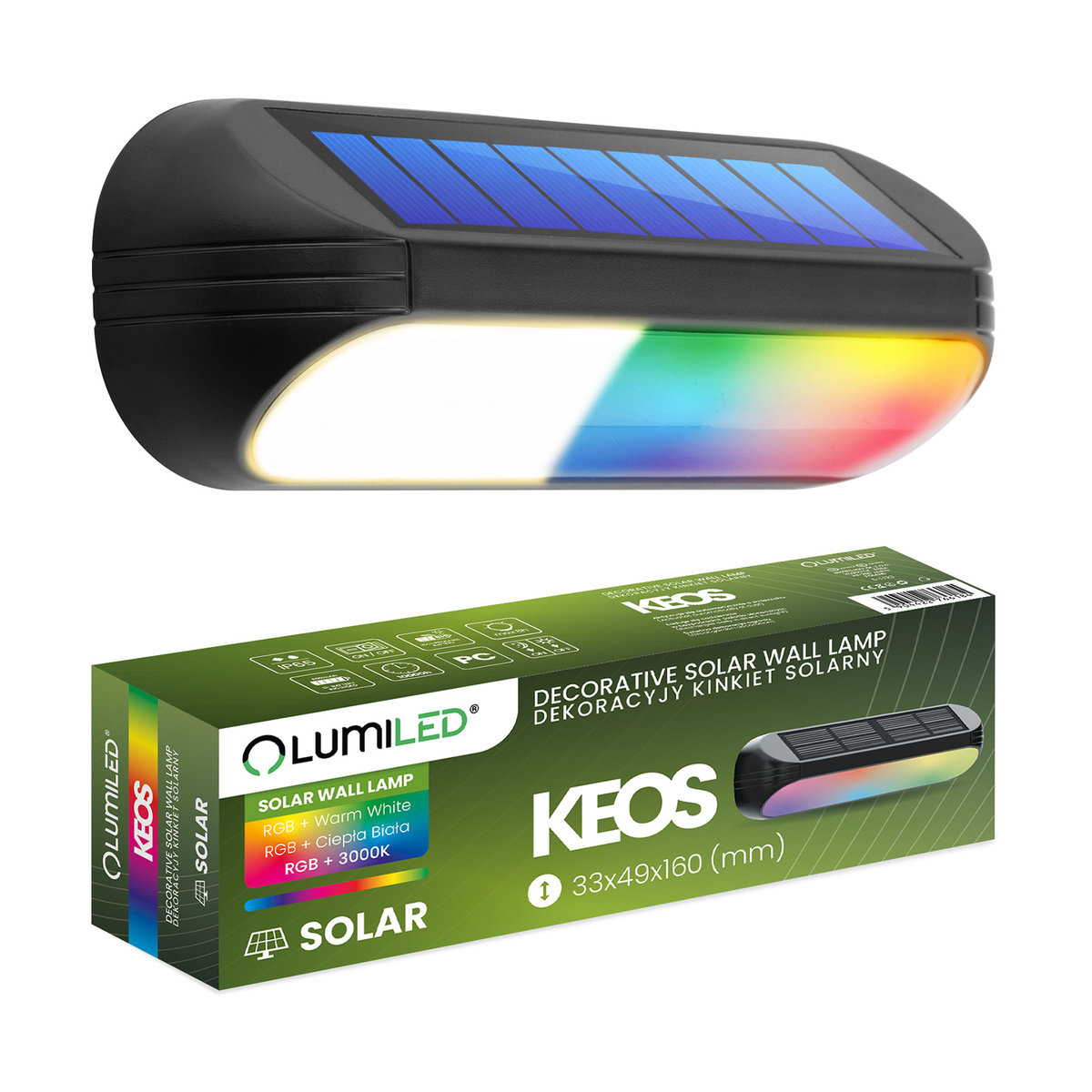 Lampa Solarna Ogrodowa LED Kinkiet Ścienny Elewacyjny 3000K + RGB KEOS LUMILED