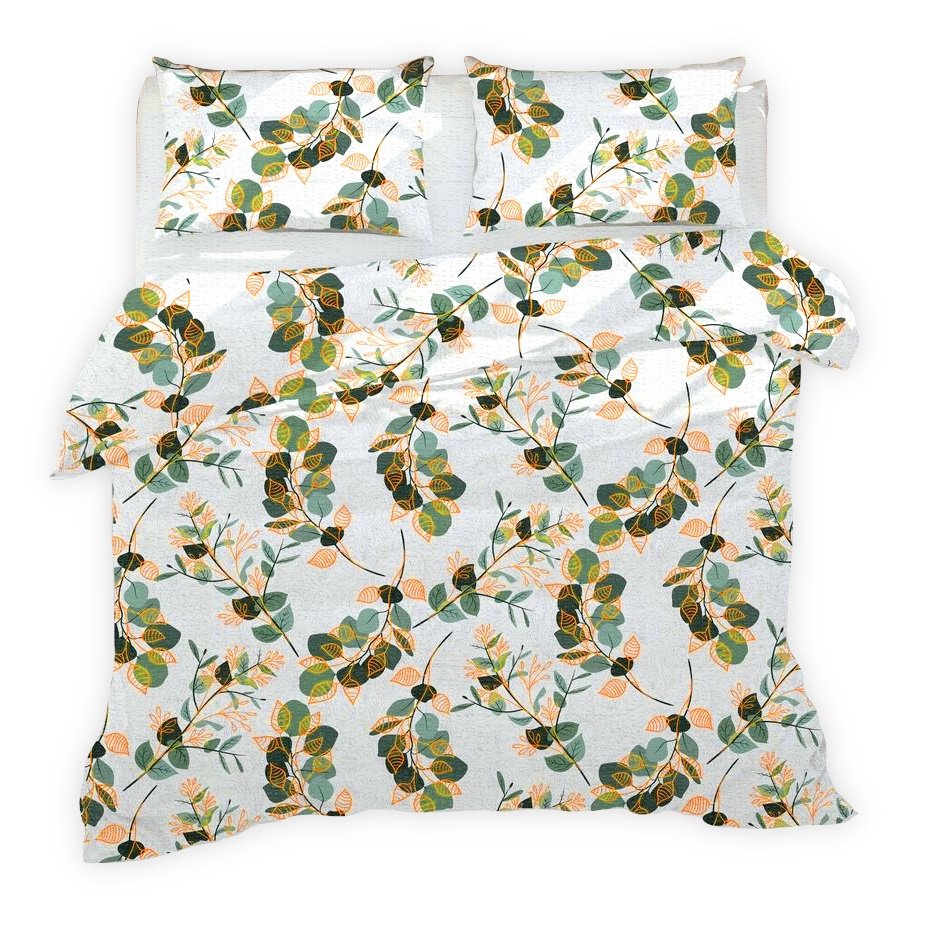Pościel z kory 140x200 biała zielona miodowa botaniczne listki