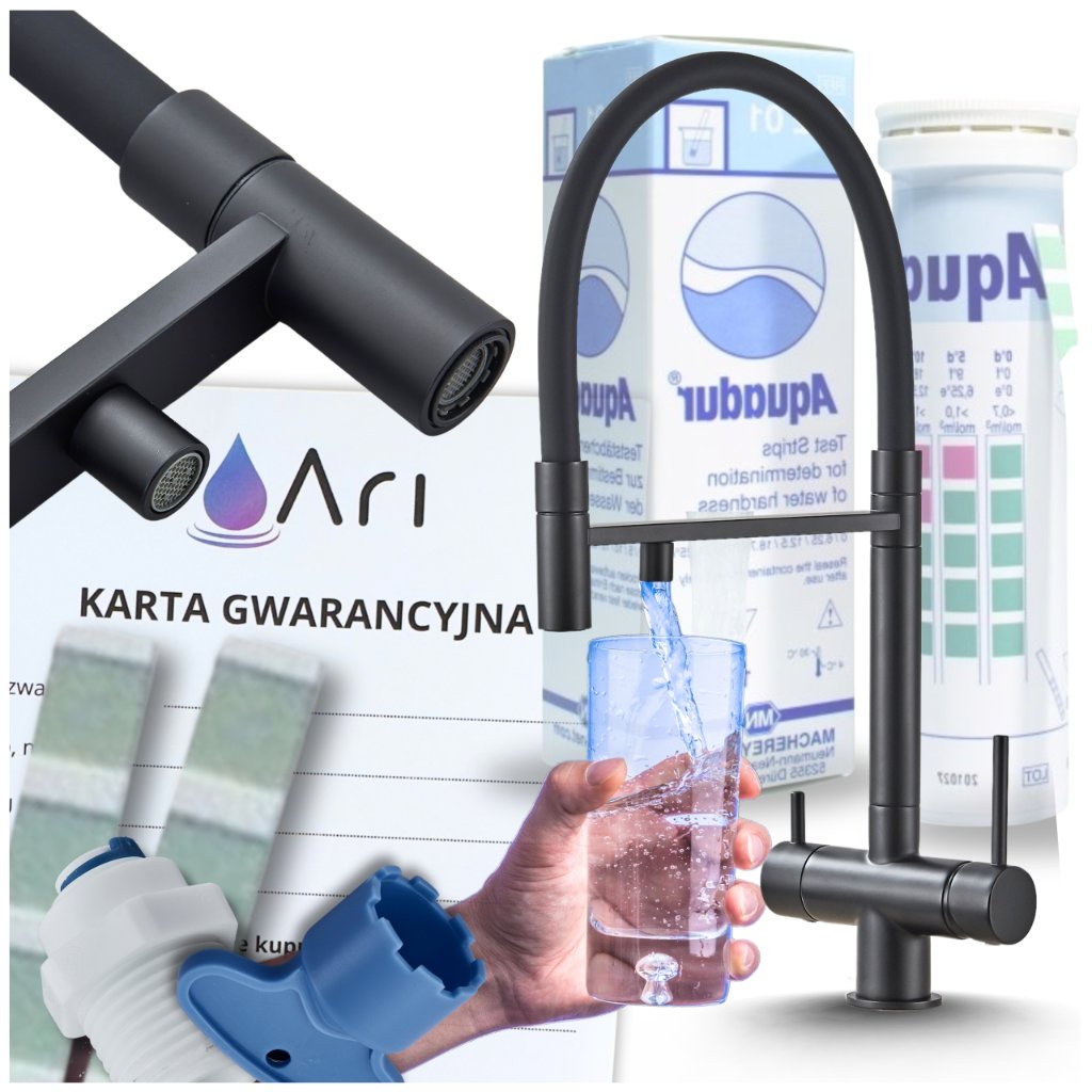 Bateria Kuchenna Trójdrożna z Obrotową Wyciąganą Wylewką Kran Do Kuchni Filtr HighFlex - CZARNY MAT