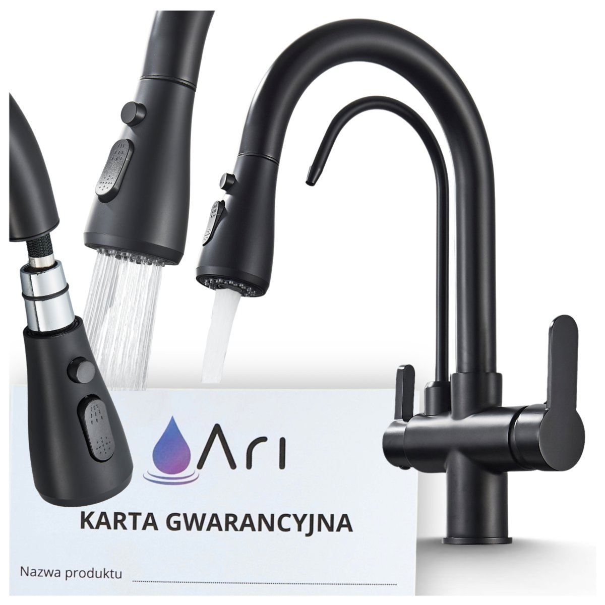 Bateria Kuchenna Trójdrożna z Obrotową Wyciąganą Wylewką Kran Do Kuchni Filtr NORDIC - CZARNY MAT