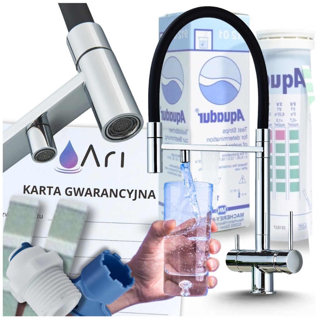 Bateria Kuchenna Trójdrożna z Obrotową Wyciąganą Wylewką Kran Do Kuchni Filtr HighFlex - CHROM