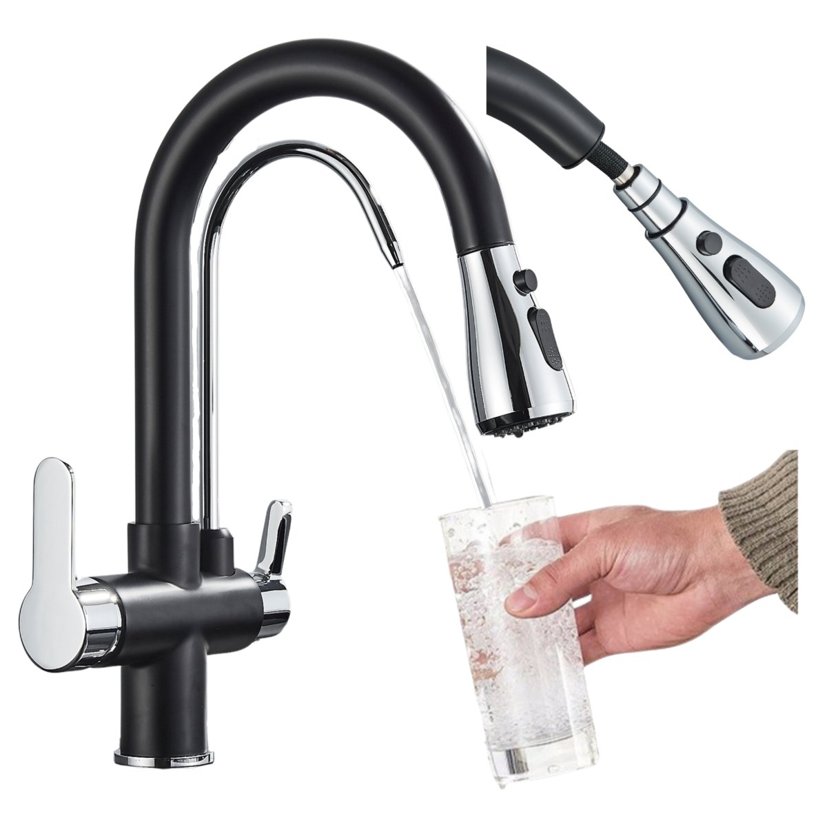 Bateria Kuchenna Trójdrożna z Obrotową Wyciąganą Wylewką Kran Do Kuchni Filtr NORDIC - CZARNY CHROM