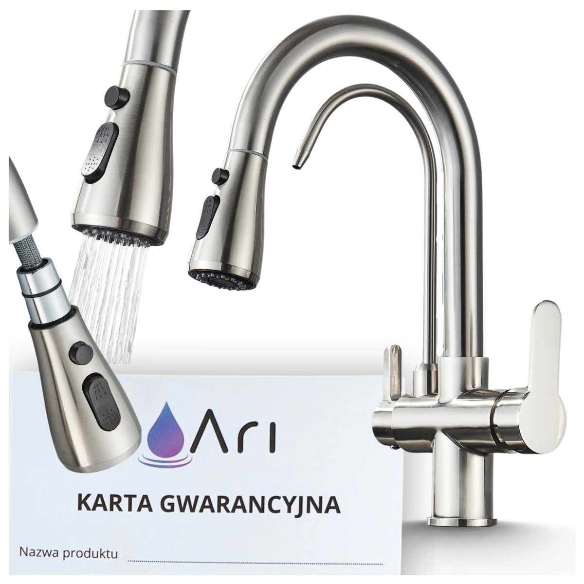 Bateria Kuchenna Trójdrożna z Obrotową Wyciąganą Wylewką Kran Do Kuchni Filtr NORDIC - INOX (SZCZOTKOWANE SREBRO)