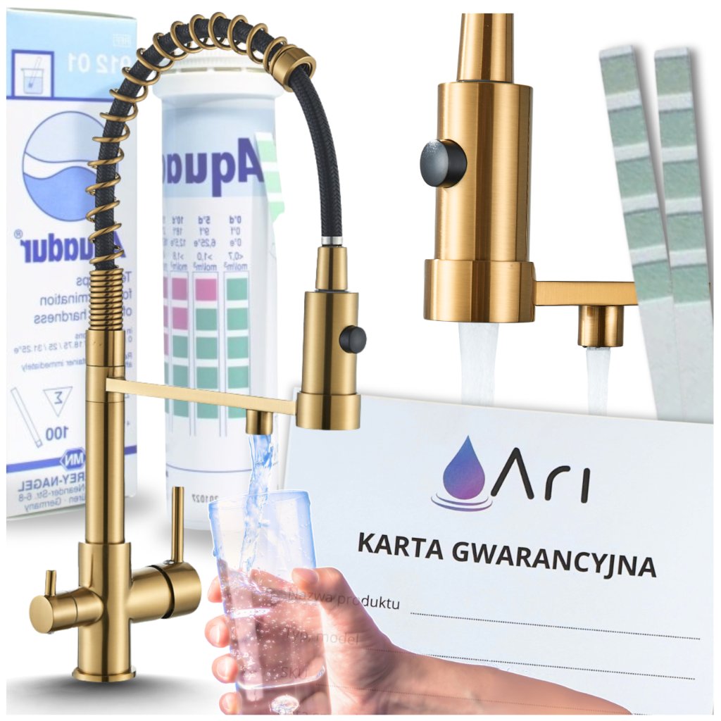 Bateria Kuchenna Trójdrożna z Obrotową Wyciąganą Wylewką Kran Do Kuchni Filtr SOLID SPRING - SZCZOTKOWANE ZŁOTO