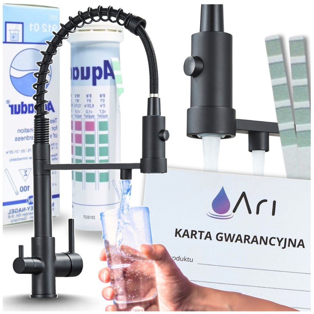 Bateria Kuchenna Trójdrożna z Obrotową Wyciąganą Wylewką Kran Do Kuchni Filtr SOLID SPRING - CZARNY MAT
