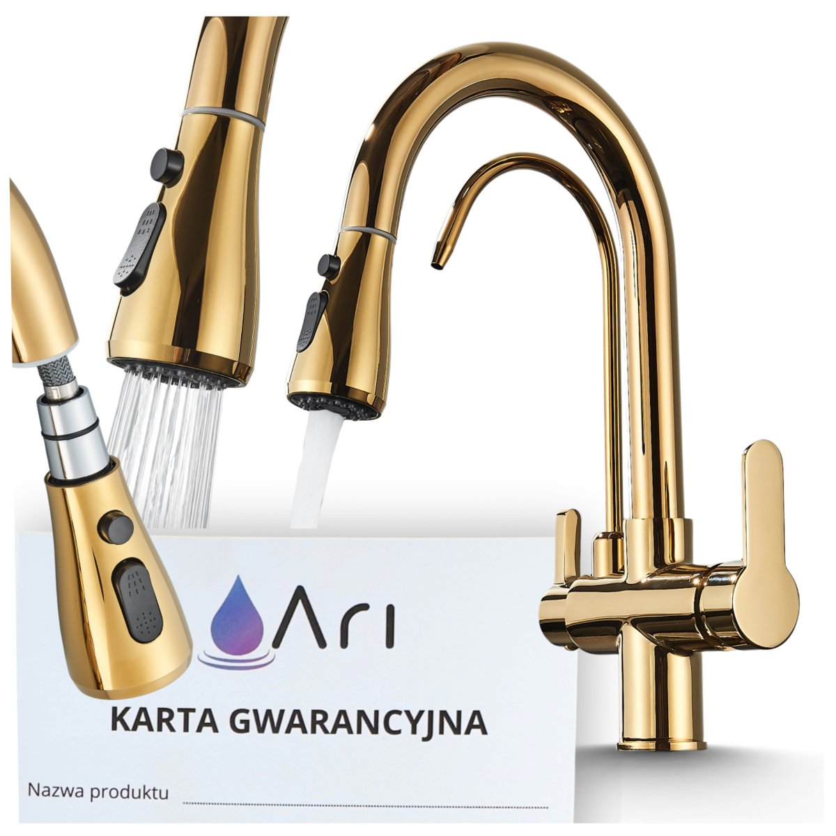 Bateria Kuchenna Trójdrożna z Obrotową Wyciąganą Wylewką Kran Do Kuchni Filtr NORDIC - BŁYSZCZĄCE ZŁOTO