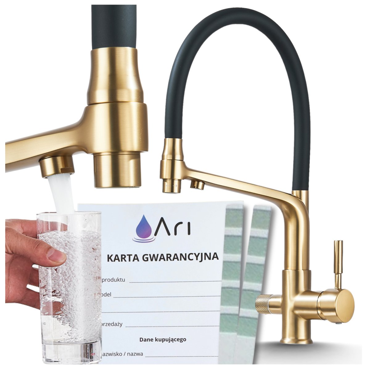 Bateria Kuchenna Trójdrożna z Obrotową Wyciąganą Wylewką Kran Do Kuchni Filtr FLEXIBLE - SZCZOTKOWANE ZŁOTO