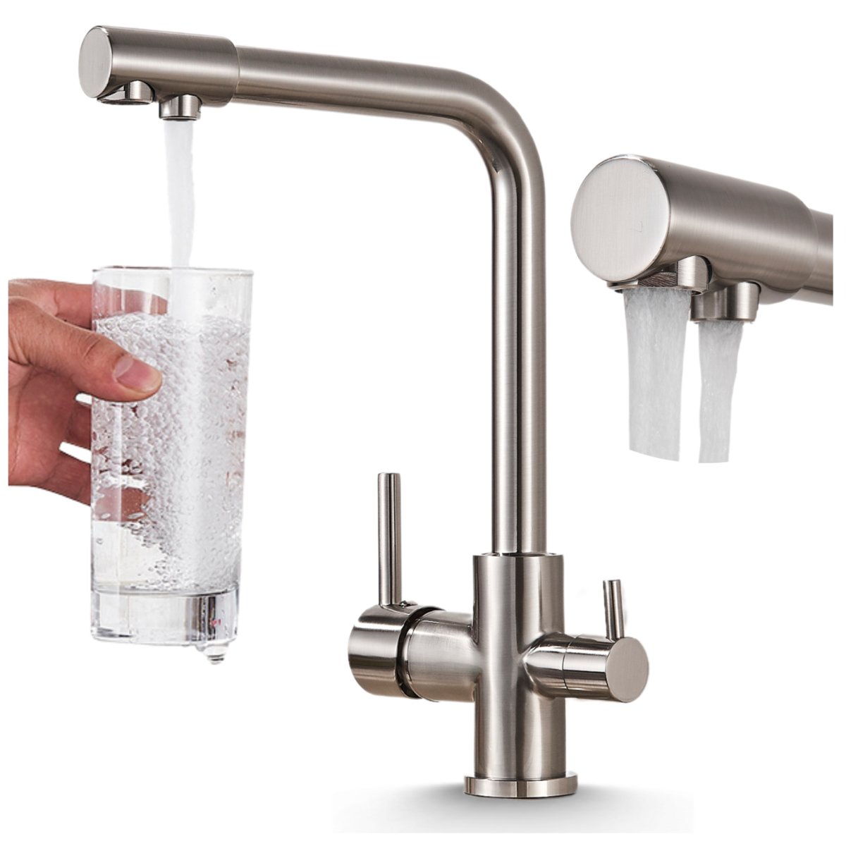 Bateria Kuchenna Trójdrożna z Obrotową Wylewką Kran Do Kuchni Filtr VENOM - INOX (SZCZOTKOWANE SREBRO)