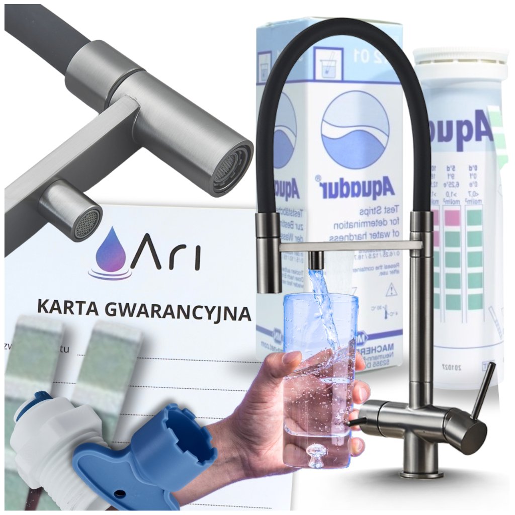 Bateria Kuchenna Trójdrożna z Obrotową Wyciąganą Wylewką Kran Do Kuchni Filtr HighFlex - GRAFIT