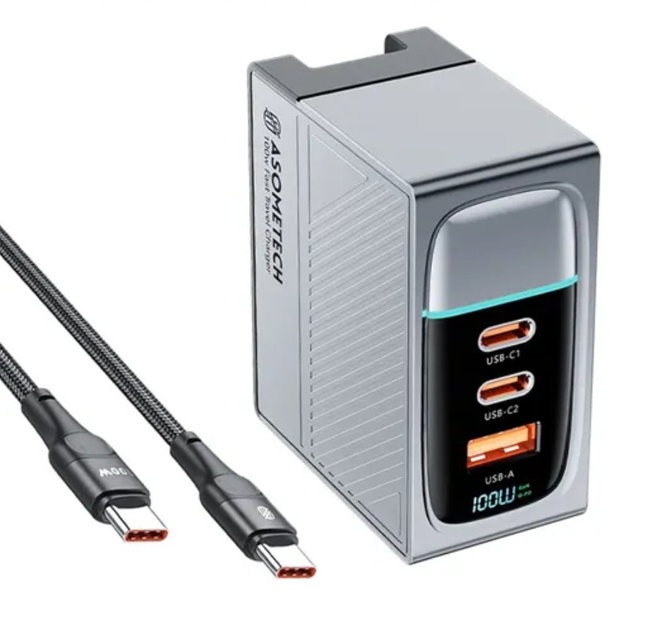 Ładowarka sieciowa zasilacz Asometech 100W GaN wyświetlacz USB: 2xUSB-C 1xUSB-A + kabel 100W