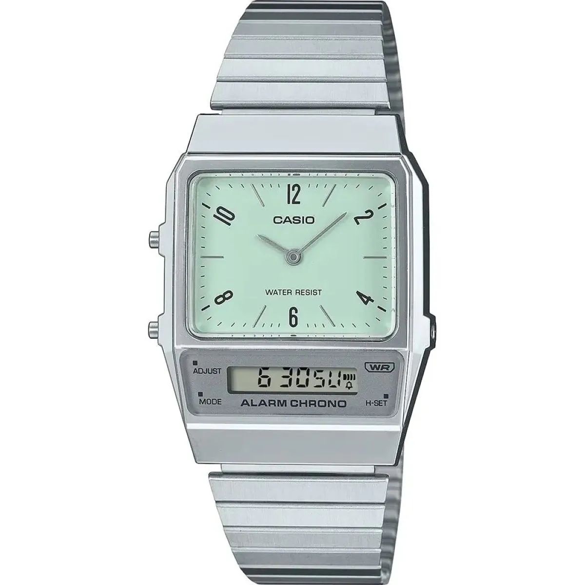 Casio Vintage zegarek srebrny w stylu Retro z miętową tarczą AQ-800E-3AEF