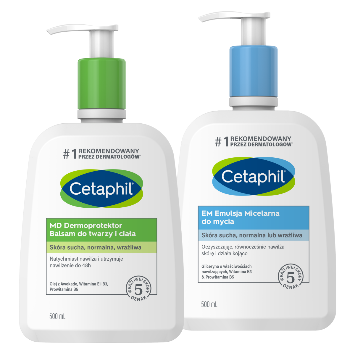 Cetaphil Zestaw kosmetyków: EM Emulsja Micelarna, 500 ml+ MD Dermoprotektor Balsam do twarzy i ciała, 500 ml