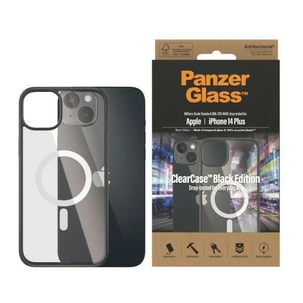 Etui PanzerGlass ClearCase z MagSafe antybakteryjne na iPhone 14 Plus / 15 Plus - przezroczysto-czarne