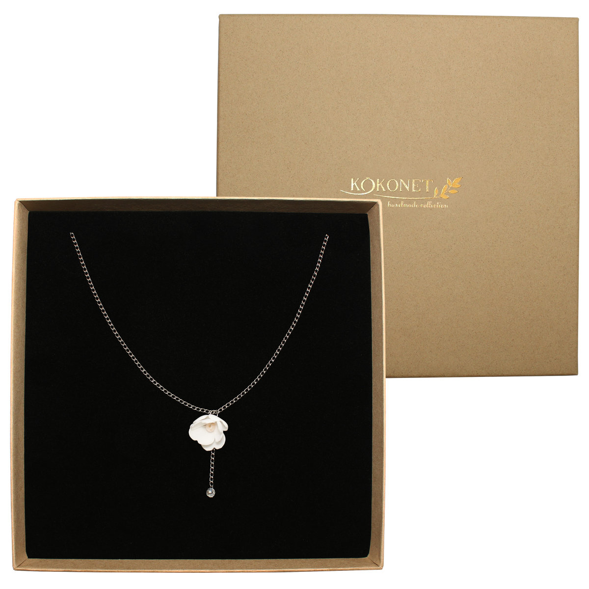 Subtelny naszyjnik ślubny z kwiatem V srebrny boho HANDMADE