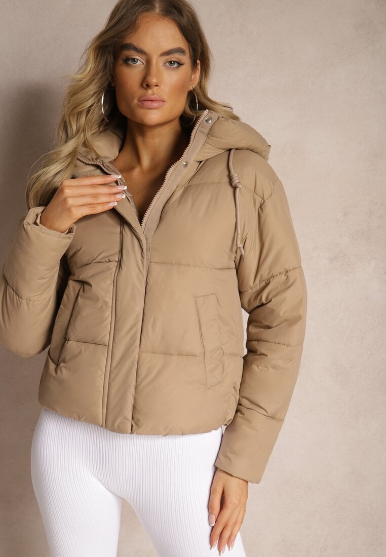 Ciemnobeżowa Kurtka Pikowana Puffer z Kapturem Mivvia