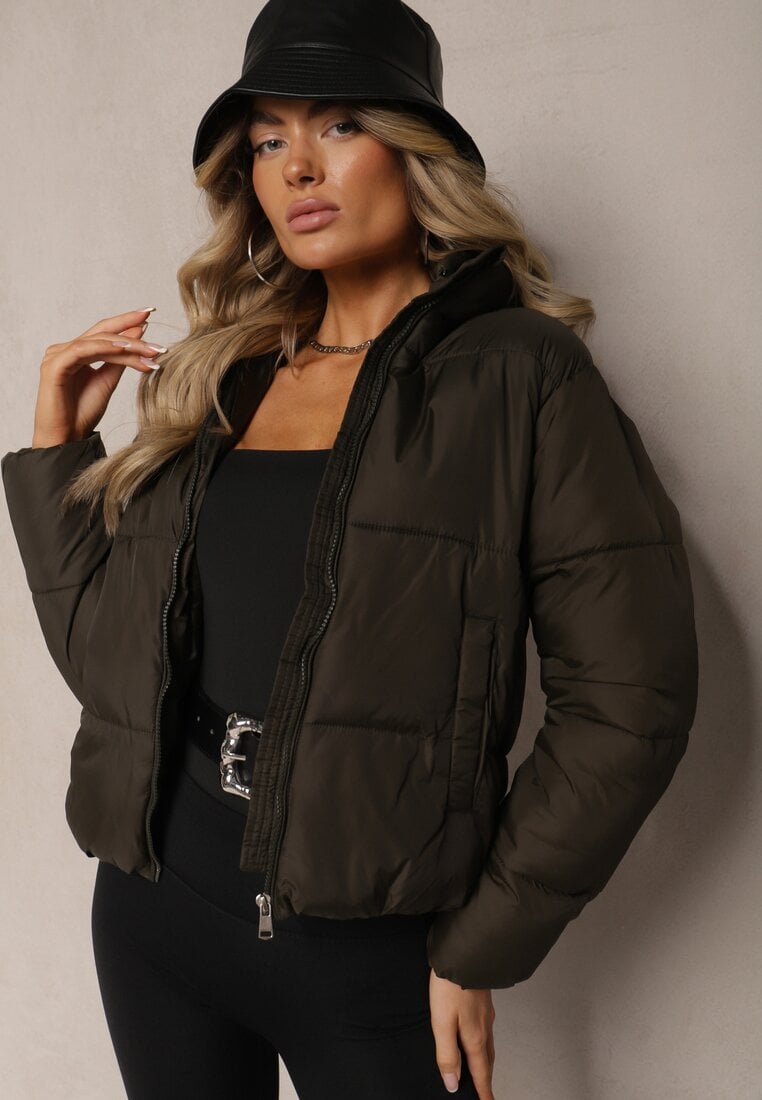 Ciemnozielona Kurtka Pikowana Wykończona Kapturem Aviatoria