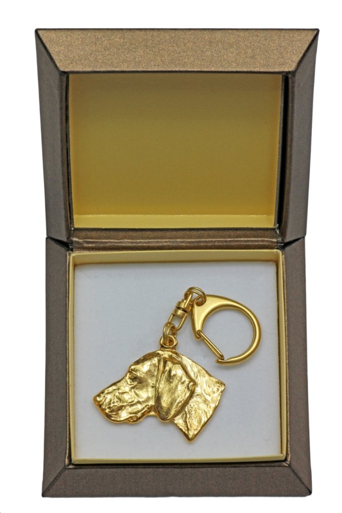 Wyżeł weimarski, Weimaraner - pozłocony brelok do kluczy z psem w pudełku prezentowym, ozdoba torebki, luksusowy dodatek marki Art-Dog
