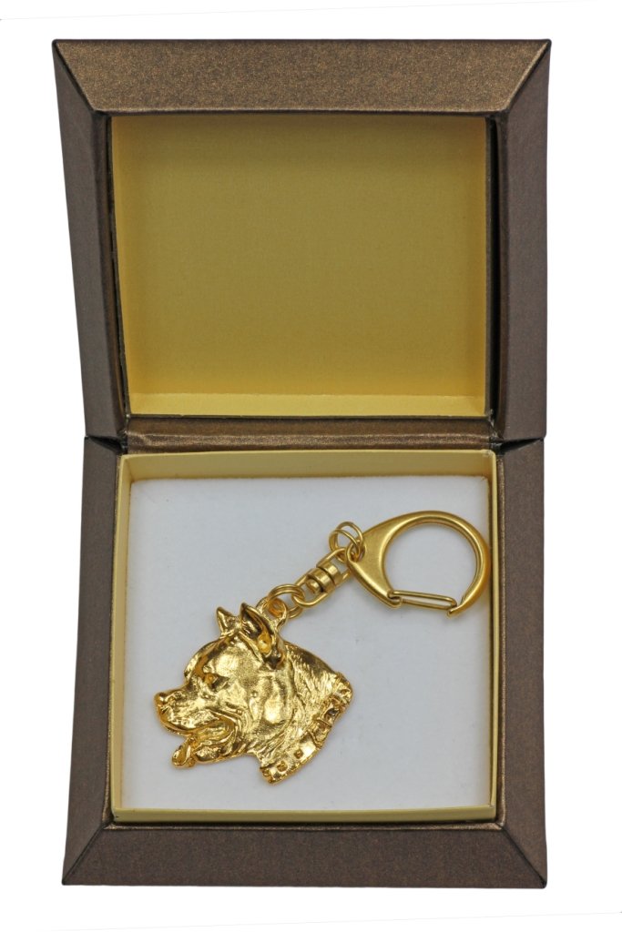 Amerykański Staffordshire terrier, Amstaff, Amstaf I - pozłocony brelok do kluczy z psem w pudełku prezentowym, ozdoba torebki, luksusowy dodatek ma..