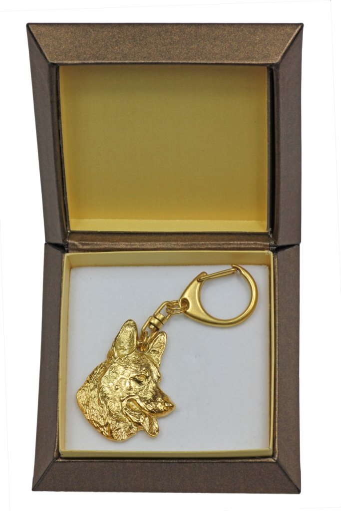 Owczarek niemiecki, Alsatian - pozłocony brelok do kluczy z psem w pudełku prezentowym, ozdoba torebki, luksusowy dodatek marki Art-Dog
